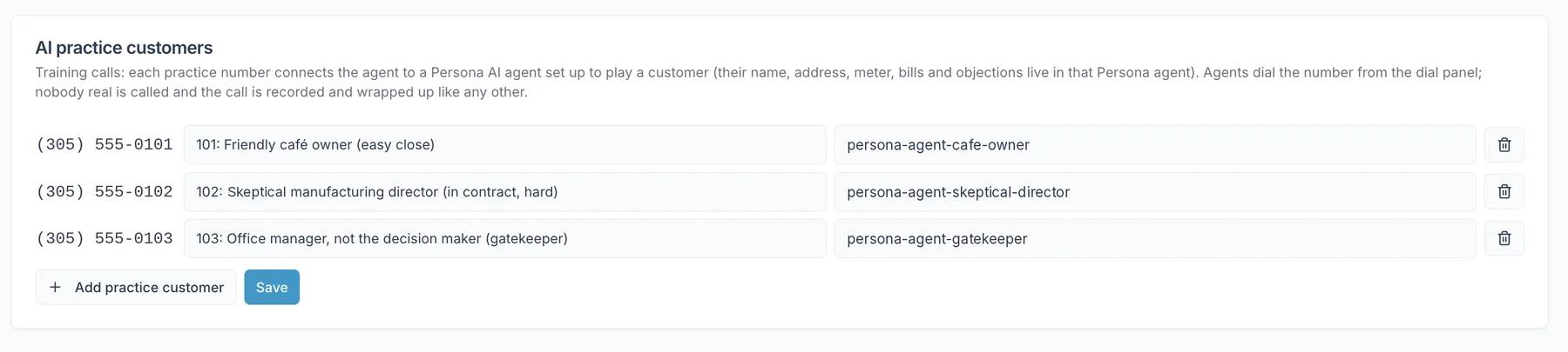 Connecta AI practice customers settings: three practice numbers mapped to AI role-play customers — a friendly café owner, a skeptical manufacturing director and a gatekeeper office manager
