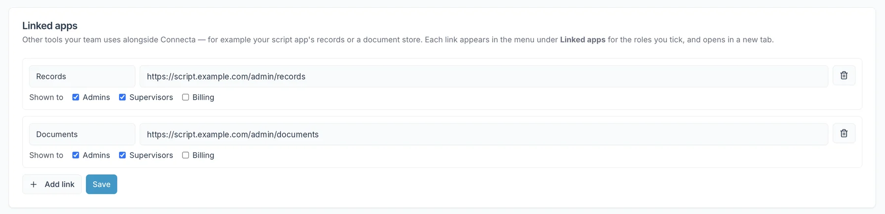 Connecta Linked apps settings with Records and Documents links, each shown to selected roles: admins, supervisors or billing